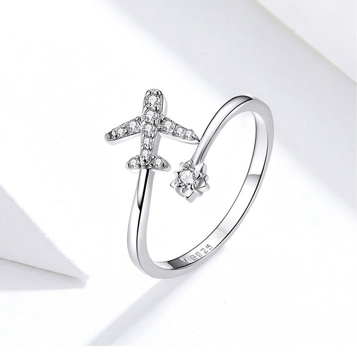 Pure 925 Sterling Silver Flying Airplane Open Ring