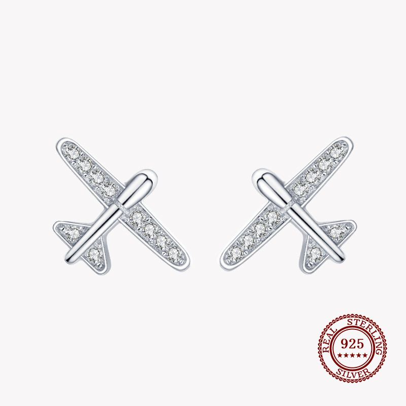 Pure 925 Sterling Silver Airplane Simple Sparkling Stud Earrings