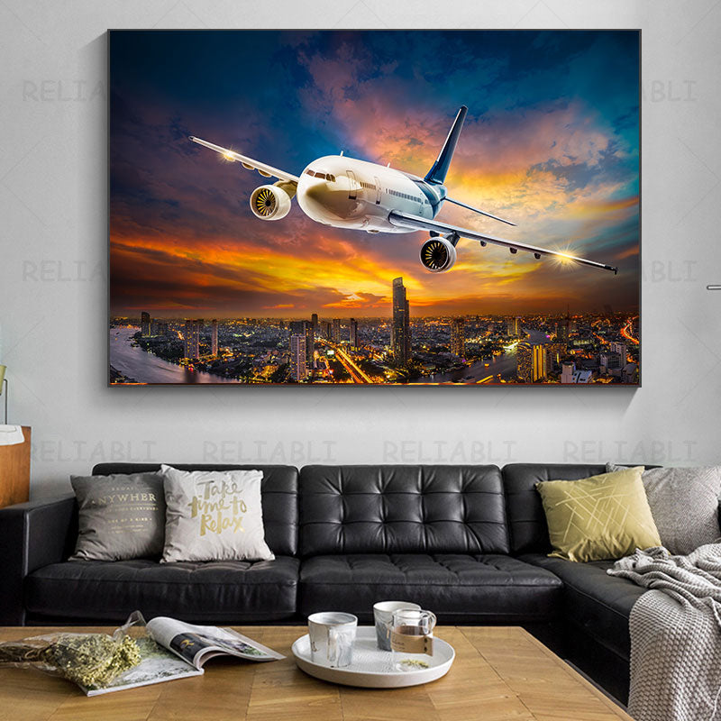 Unique Plane Flying Over City Canvas