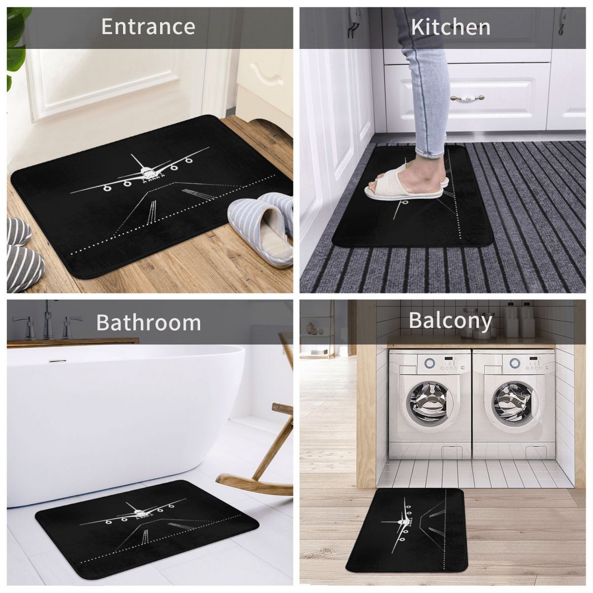 Landing Airplane Black and White Anti-Slip Doormat Rug