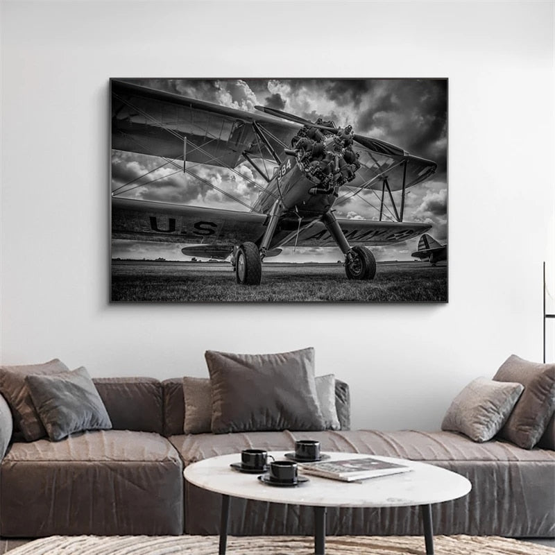 Spectacular Black and White Retro Airplane Canvas