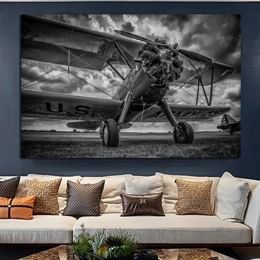 Spectacular Black and White Retro Airplane Canvas